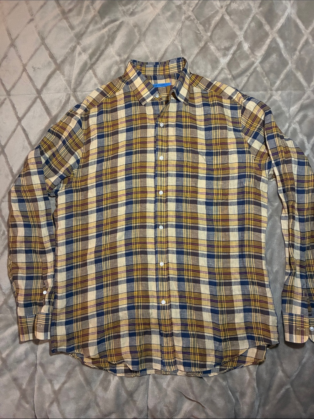 J McLaughlin Men’s Plaid 100% Linen button down shirt Size L
